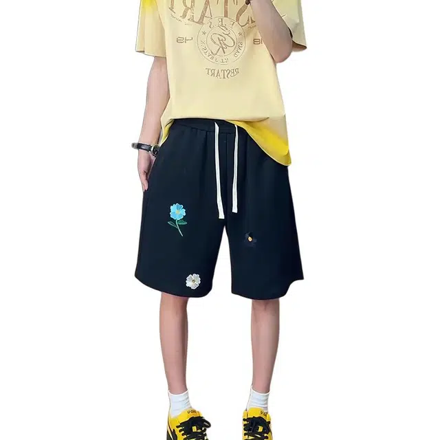 单爵 美式复古小花刺绣外穿松弛感慵懒风裤子情侣五分中裤夏季休闲短裤 男女同款