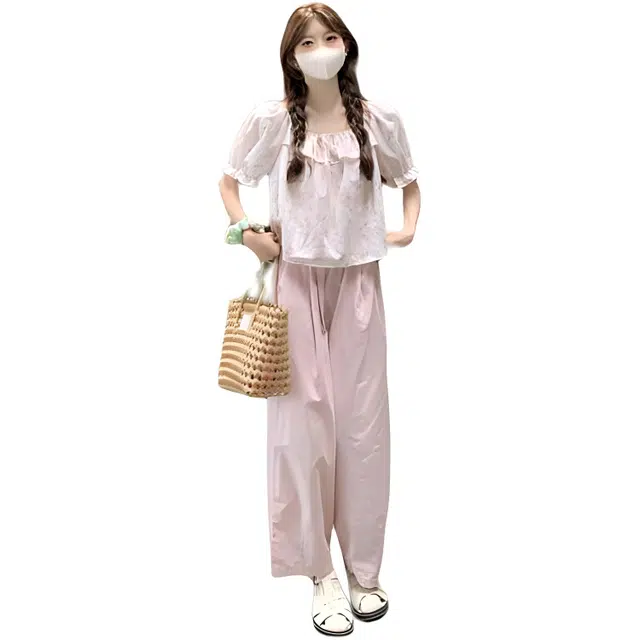 哒头下雨不愁 女法式甜美别致碎花短袖衬衫女夏洋气漂亮小衫粉色九分裤休闲套装 女款