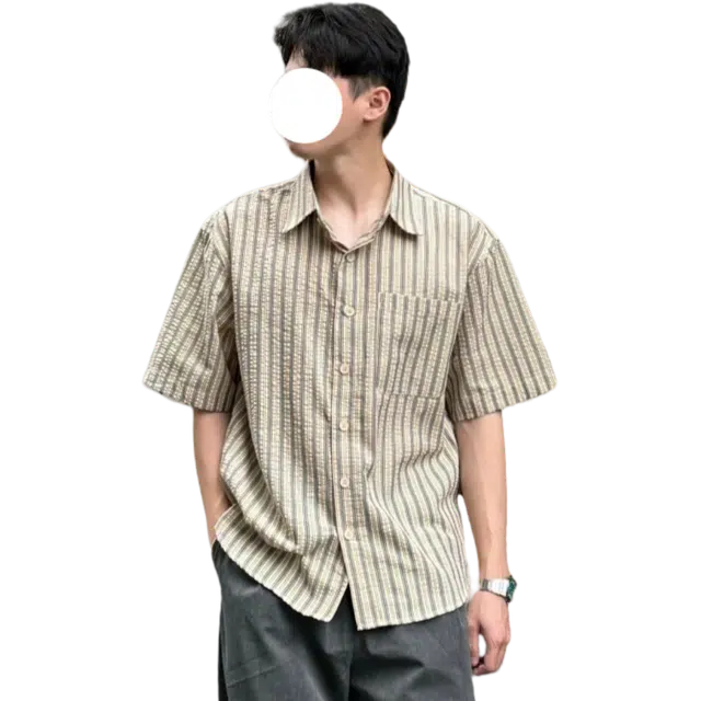 冈哉 日系复古撞色条纹设计翻领休闲个性简约潮流时尚宽松日常通勤百搭潮牌短袖衬衫 男女同款