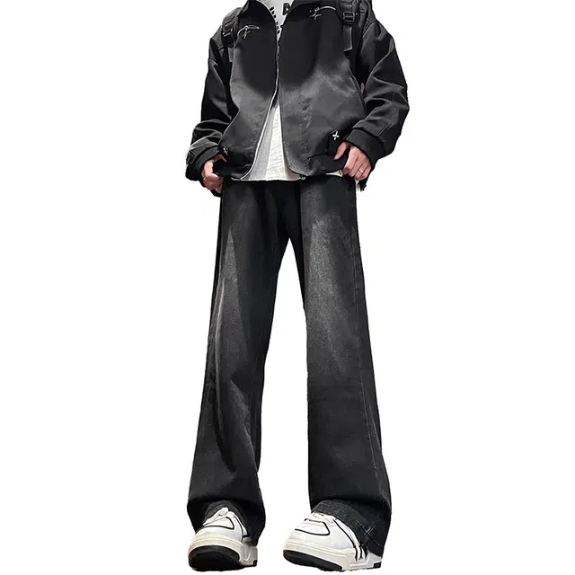 八哥 美式复古高街简约基础款水洗做旧磨白废土风半松紧中腰直筒休闲宽松百搭纯色加厚显高舒适牛仔裤 男女同款