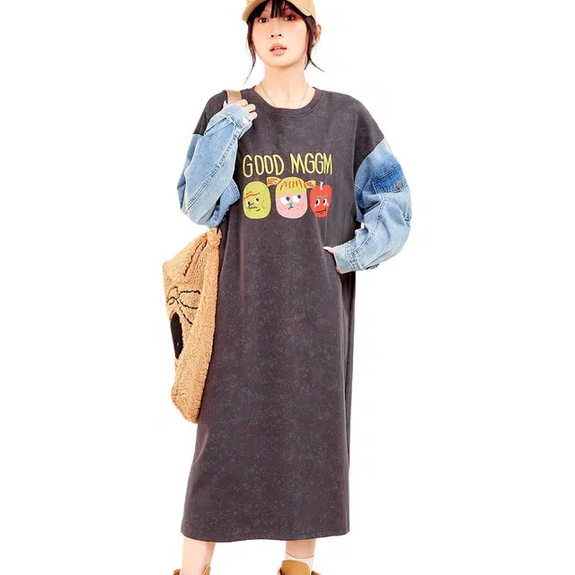 木果果木 牛仔拼接袖美式中长款宽松长袖连衣裙 女款 岩灰