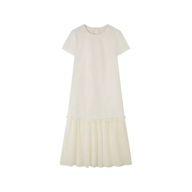 潞优野 圆领宽松休闲气质优雅长裙显瘦层次感拼接短袖连衣裙 女款