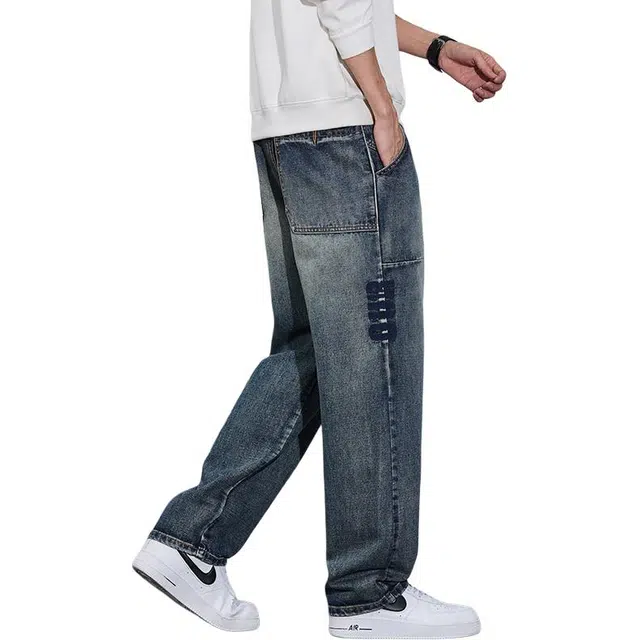 么宁 字母刺绣大口袋工装裤美式高街复古水洗宽松直筒设计感简约百搭潮流时尚舒适透气个性痞帅休闲牛仔裤 男女同款