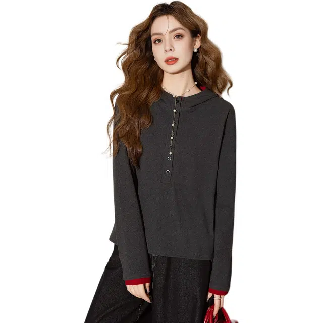 法文箱子 假两件百搭休闲时尚连帽长袖卫衣 女款