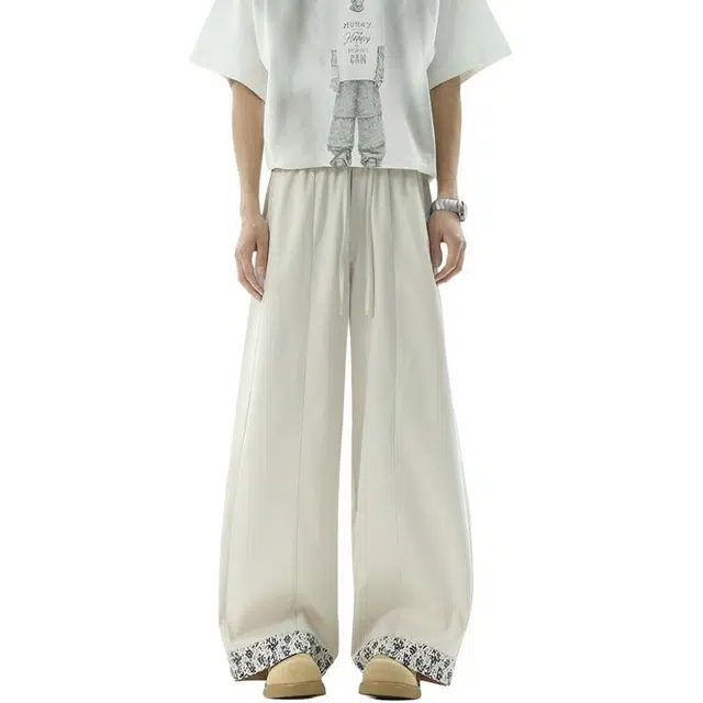 沐诚阳译 碎花拼接垂感薄款慵懒风宽松直筒阔腿裤子休闲裤 男款