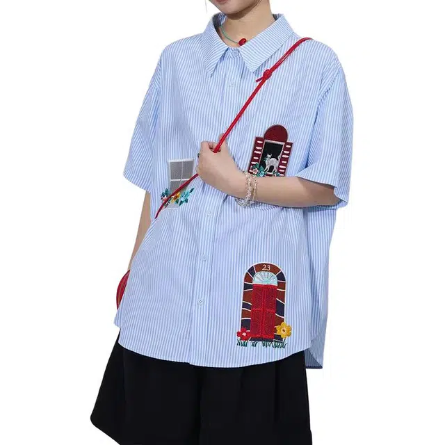 如续 趣味可爱贴布宽松百搭女上衣童趣条纹慵懒风短袖衬衫 女款