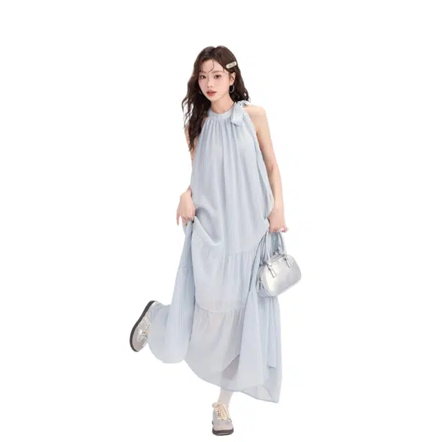怪力萝莉 茶歇法式挂脖小个子温柔风气质长裙子吊带连衣裙 女款