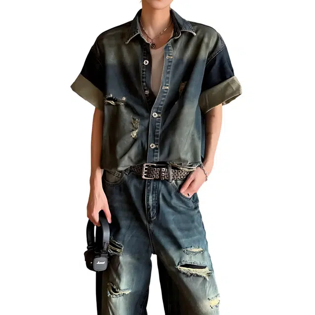 冈哉 美式复古风水洗做旧渐变破洞毛边牛仔穿搭高级感痞帅夏季短袖衬衫 男女同款