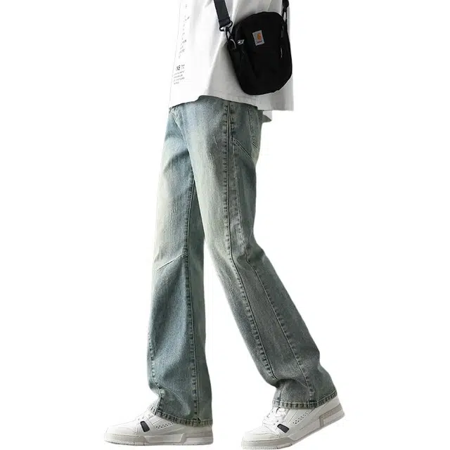尘映 水洗做旧高街弹力潮牌宽松直筒牛仔裤 男女同款 怀旧蓝