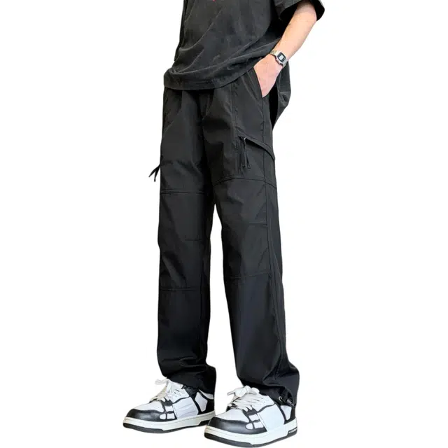 瑞梵帝斯 美式复古简约百搭凉感透气多口袋阔腿长裤户外运动机能风日常宽松休闲防水速干伐木松紧直筒裤工装裤 男款