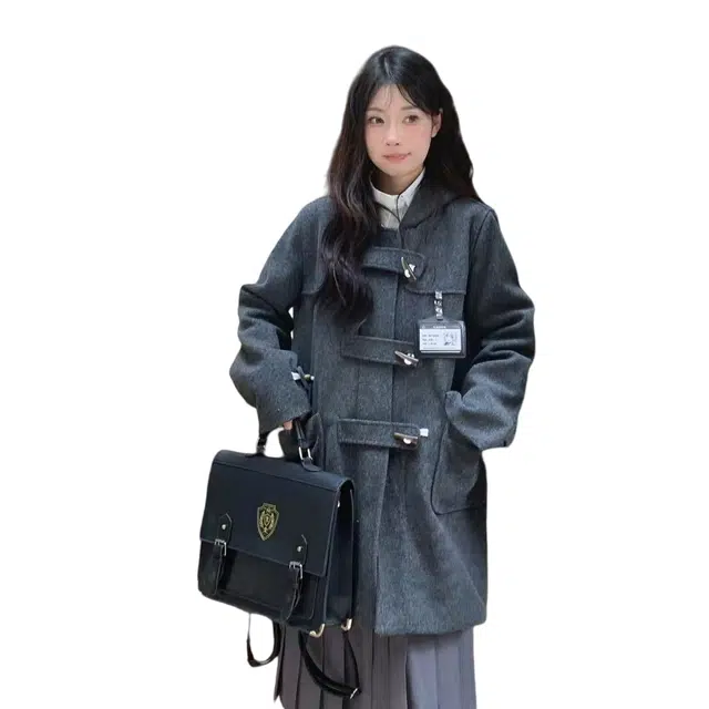 柏黛妃 连帽牛角扣呢子女加厚夹棉学院风外套大衣 女款