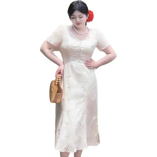 哒头下雨不愁 微胖大码法式设计感短袖连衣裙 女款