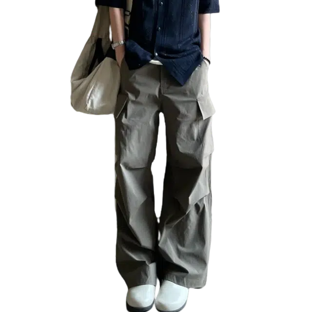 冈哉 日系简约机能风大口袋褶皱压褶设计显瘦显高中腰松紧腰舒适亲肤清爽系带纯色弹力长裤日常休闲通勤工装裤 男女同款