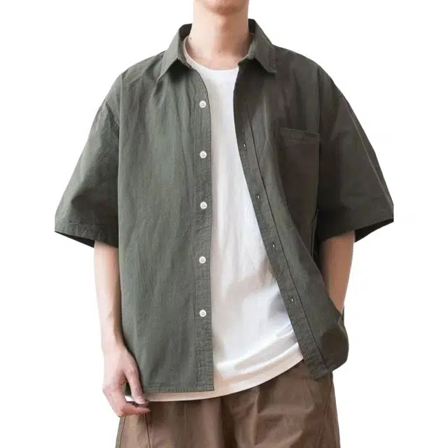 一碗士多 薄款宽松痞帅工装衬衣外套青少年休闲半袖上衣短袖衬衫 男女同款