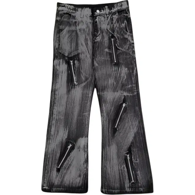 零氏 美式复古重磅涂蜡脏洗风宽松微喇拖地牛仔裤 男女同款