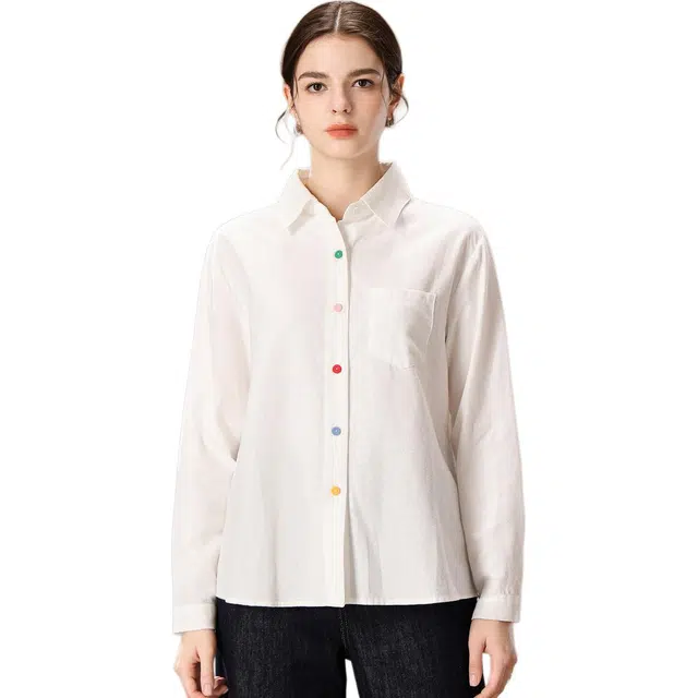 粉红玛琍 纯色时尚翻领单排扣通勤长袖衬衫 女款 白色