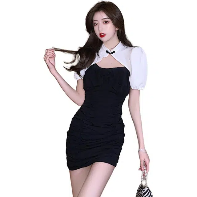 水中花 复古国风少女感性感镂空撞色拼接气质修身短袖连衣裙 女款