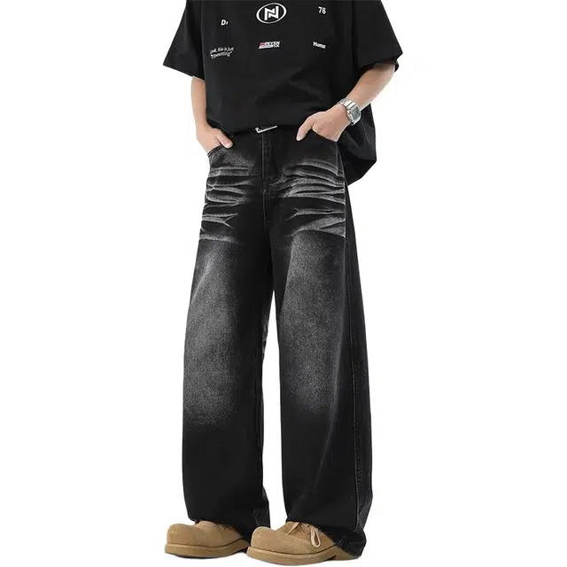 么宁 美式复古水洗做旧直筒舒适耐磨潮流百搭休闲运动拖地牛仔裤 男女同款