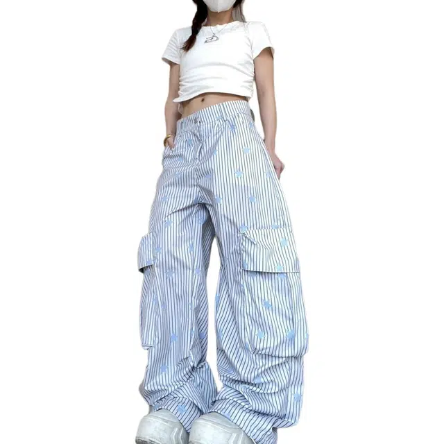 哒头下雨不愁 美式设计感条纹星星印花大口袋休闲裤宽松阔腿长裤裤子工装裤 女款