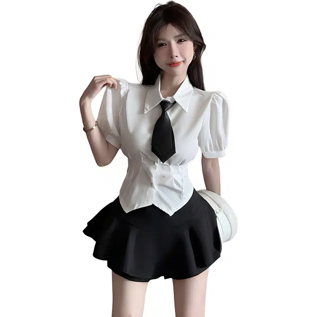 敲模女孩 学院风甜美收腰修身短袖领带衬衫高腰蓬蓬半身短裤裙纯欲辣妹裙装套装 女款