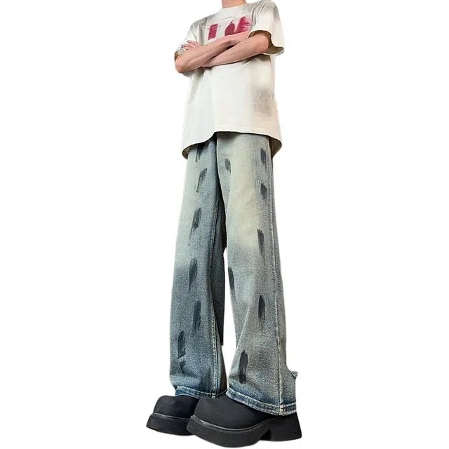 沃马 美式高街做旧弯刀牛仔裤 男女同款 复古蓝