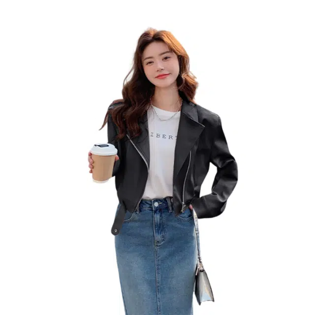 桴生 韩系炸街西装领拉链翻领短款合身简约长袖皮衣 女款