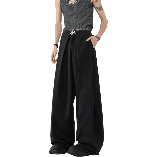 颂希尔 美式宽松褶皱阔腿设计感纯色小众薄款休闲裤 男女同款