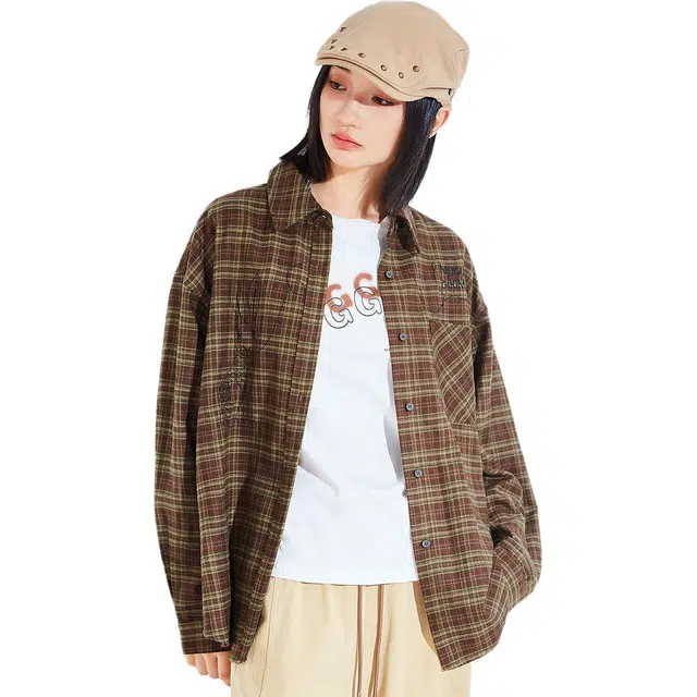 木果果木 美式复古格纹休闲翻领长袖衬衫 女款