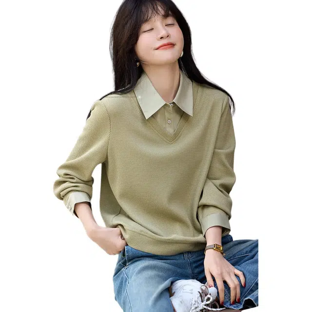 沫晗依美 假两件套头长袖卫衣 女款 绿色