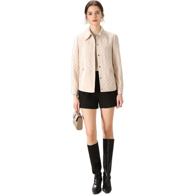 粉红玛琍 翻领简约宽松夹克外套 女款 米色