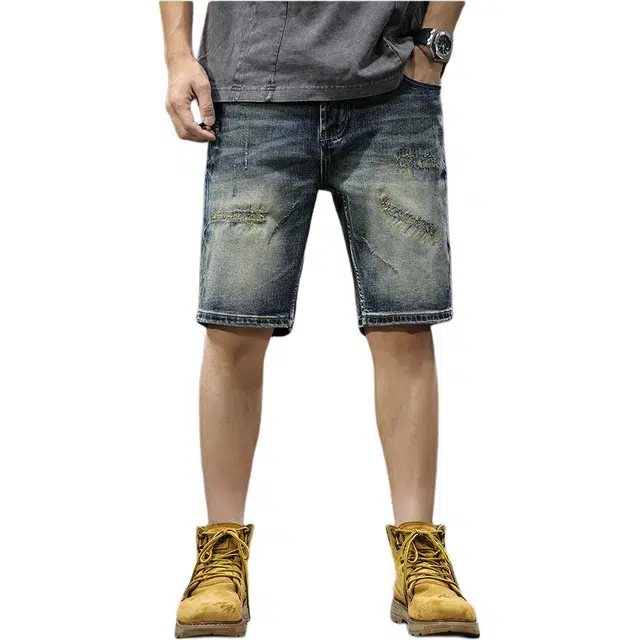 前进牛 美式复古水洗破洞刺绣补丁宽松直筒五分牛仔短裤 男女同款
