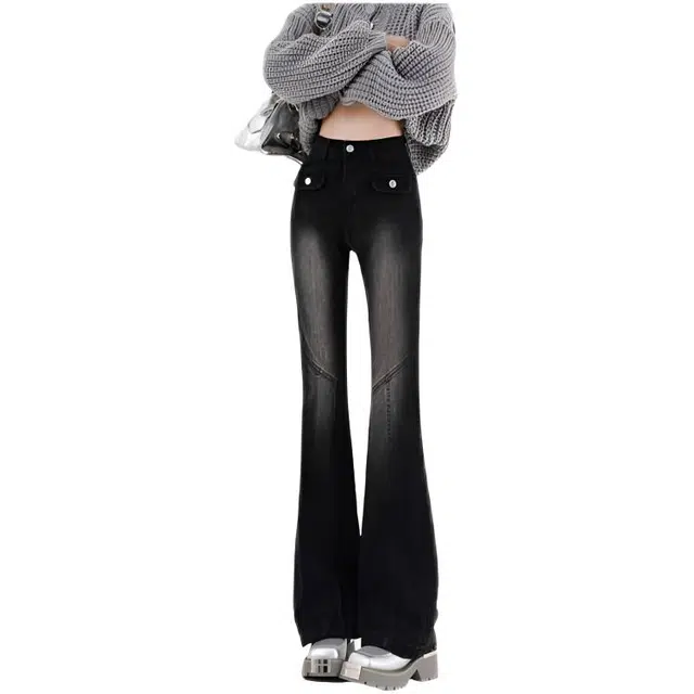 天才小熊 潮流时尚美式复古水洗辣妹微喇裤女高腰显瘦拖地喇叭裤牛仔裤 女款