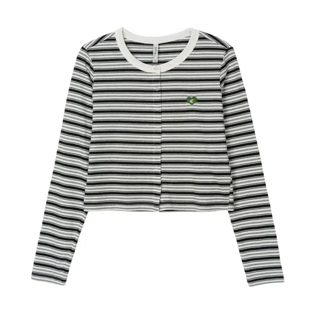 法文箱子 时尚条纹简约舒适百搭圆领单排扣长袖针织衫 女款