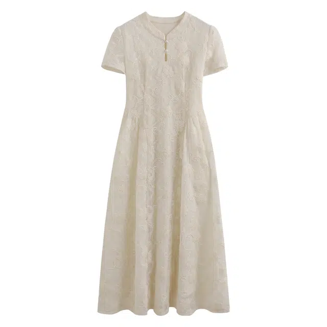 花栗鼠小姐 映水梨花 新中式简约优雅清纯改良版旗袍女夏优越腰线短袖连衣裙 女款