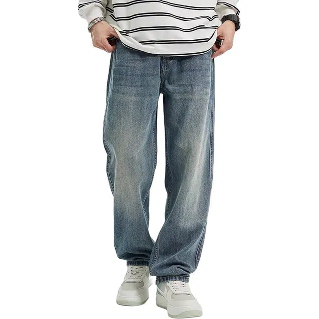 隐狼世家 夏季薄款美式复古宽松中腰长裤牛仔裤 男款