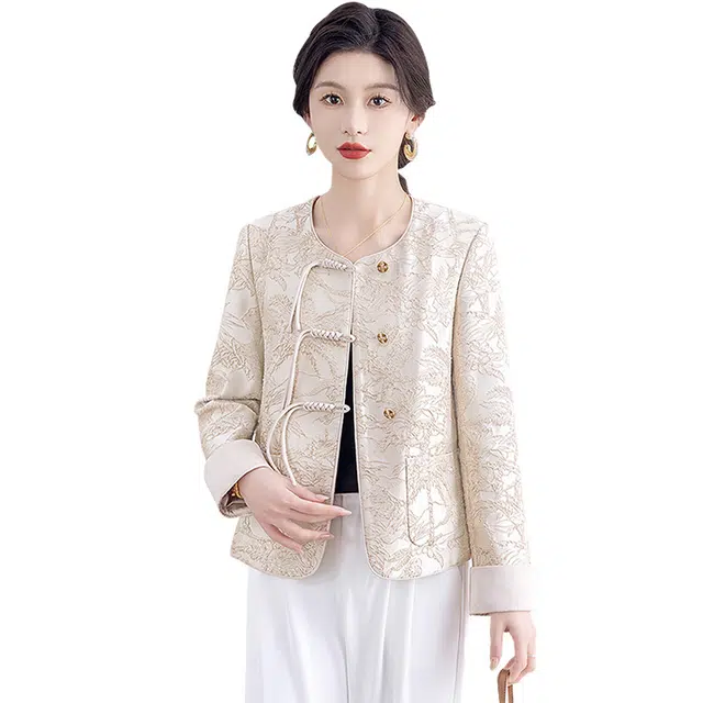 丝柏舍 短款国风气质圆领设计感单排扣长袖截短外套 女款 香槟色