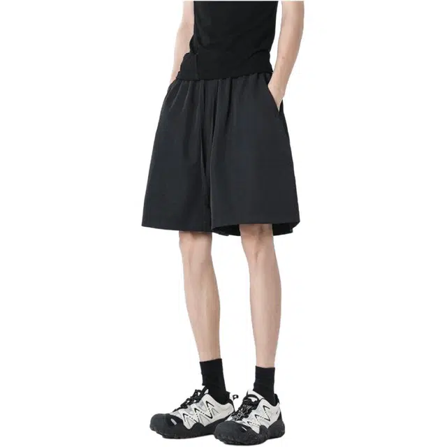 颂希尔 美式潮牌纯色拼接阔腿复古百搭跑步运动五分休闲短裤 男女同款