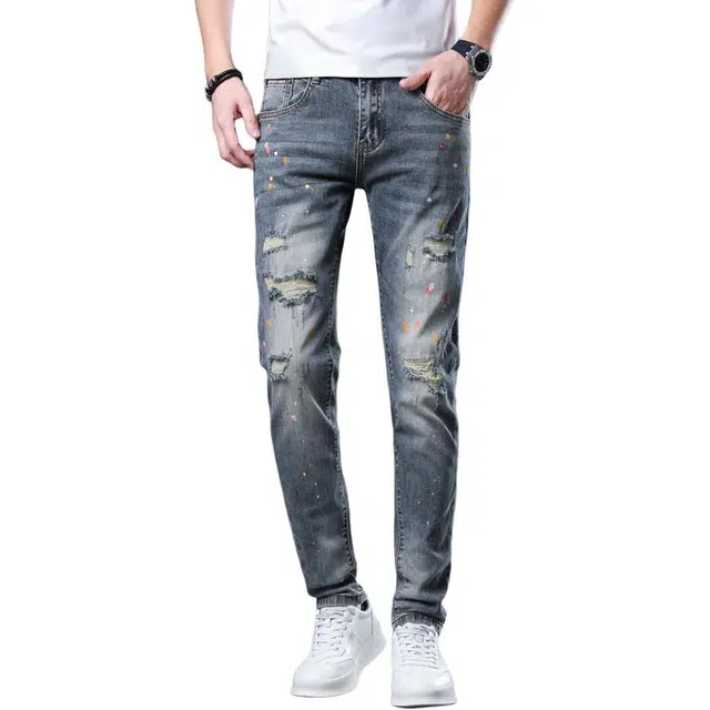 吉肯蒂 裤子潮流复古百搭破洞泼墨修身小脚裤弹力牛仔裤 男款