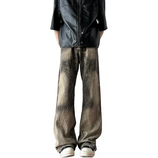 物质公式 美式复古高街水洗做旧废土风渐变色块炸街窄版设计感高腰显高显瘦修身纯色基础款通勤垂感阔腿微喇弯刀牛仔裤 男女同款