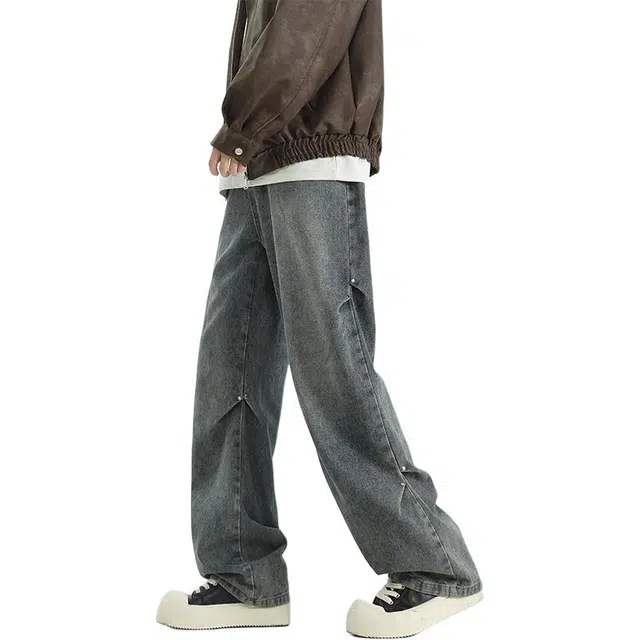 华夏儿女 美式高街复古水洗做旧潮流宽松直筒工装裤 个性设计舒适百搭适合户外休闲牛仔裤 男女同款