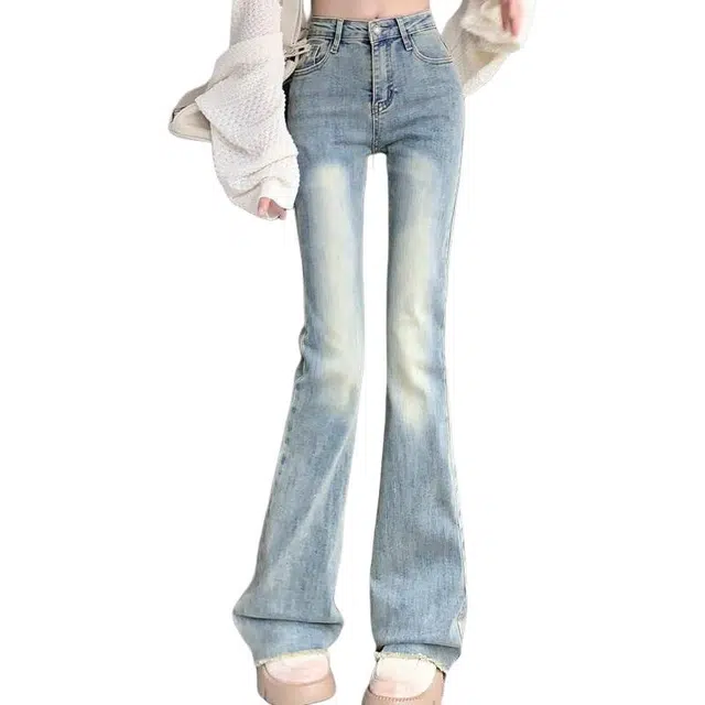 怪力萝莉 复古设计感小众长裤喇叭裤直筒裤牛仔裤 女款 浅蓝色