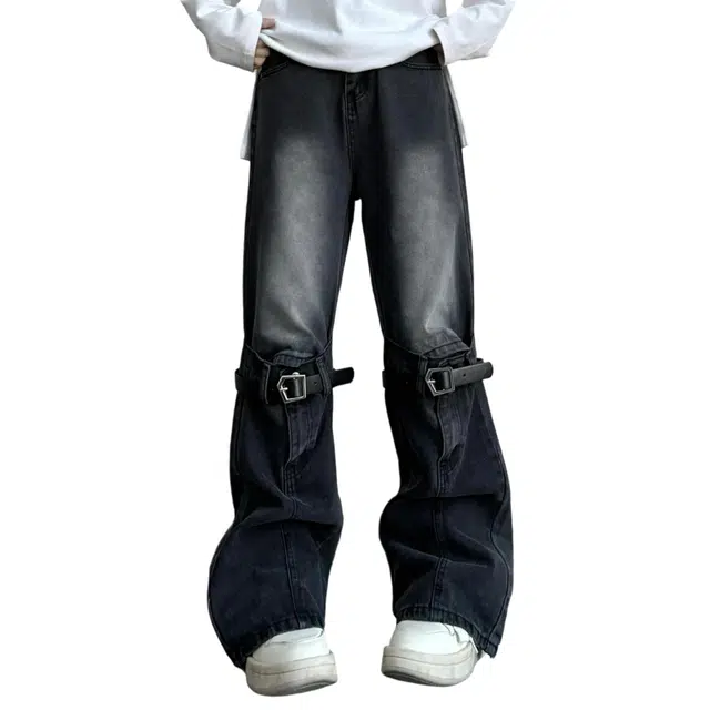 冈哉 美式高街潮牌破洞立体皮带拼接设计水洗做旧宽松舒适百搭直筒个性痞帅户外日常通勤阔腿拖地牛仔裤 男女同款