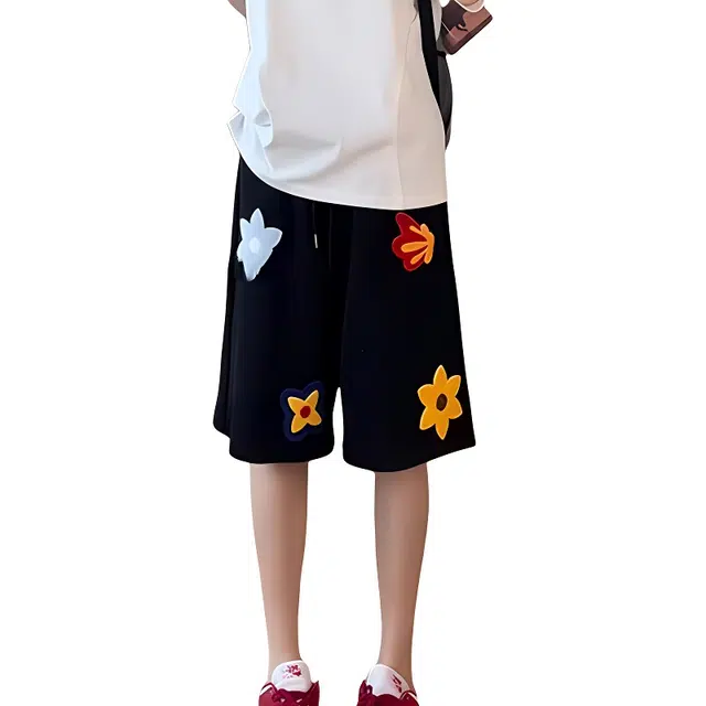 单爵 小花刺绣外穿美式休闲短裤 男女同款
