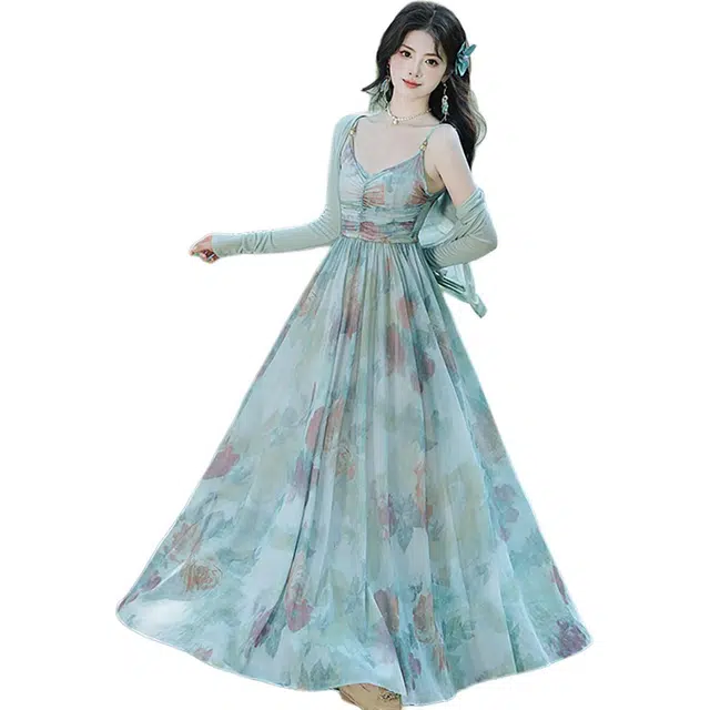 敲模女孩 新中式国风墨染收腰大裙摆吊带连衣裙轻薄防晒开衫度假风裙装套装 女款