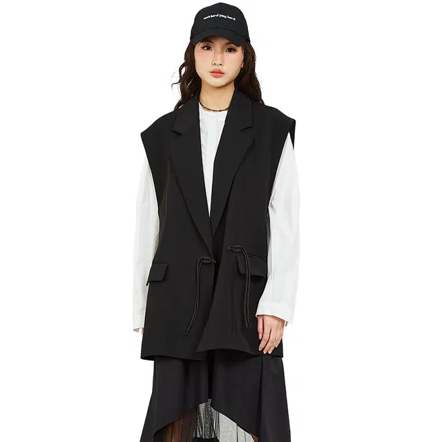 木果果木 新中式宽松中长款纯色马甲 女款 黑色