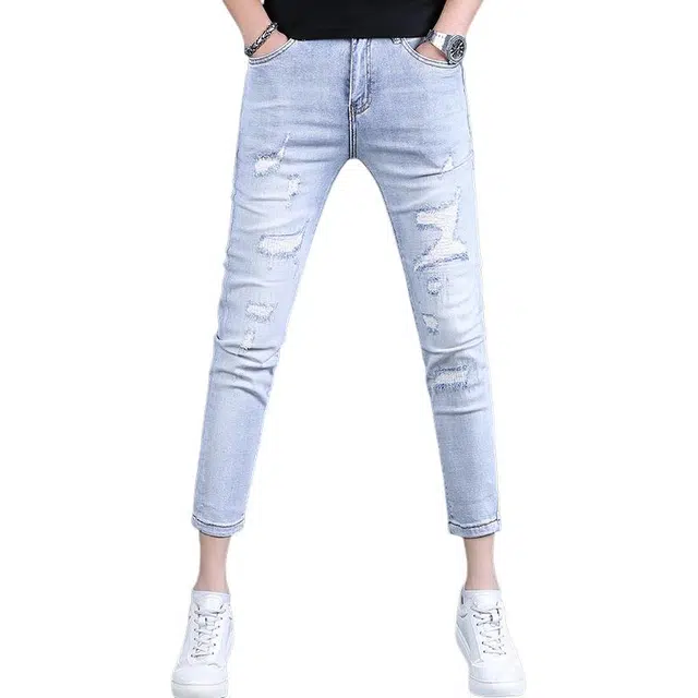 吉肯蒂 舒适修身舒适柔软亲肤束脚裤浅色牛仔裤 男款 浅蓝色九分裤