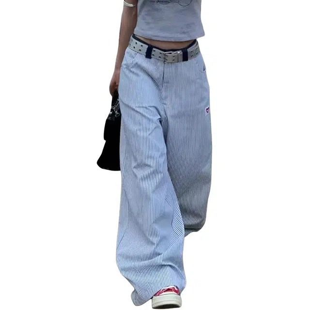 沐诚阳译 透气美式复古慵懒风拼接宽松条纹休闲裤 男款