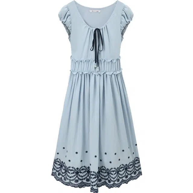 谜秀 波西米亚风刺绣夏季常规短袖圆领韩版高腰长袖连衣裙 女款