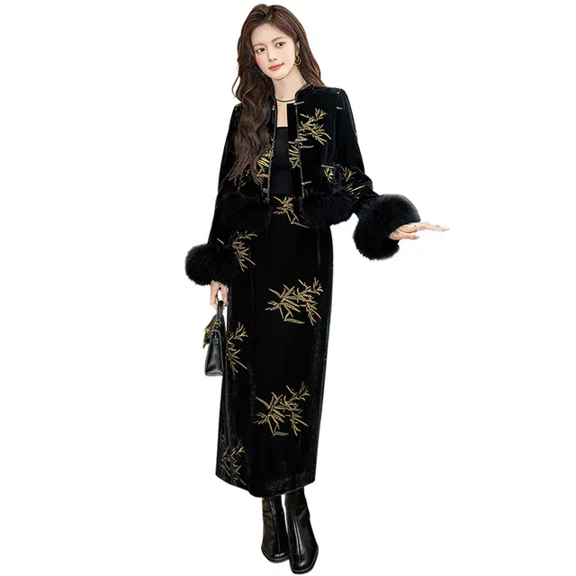 丝柏舍 新中式气质优雅外套高腰长款开叉半身裙裙装套装 女款 黑金色