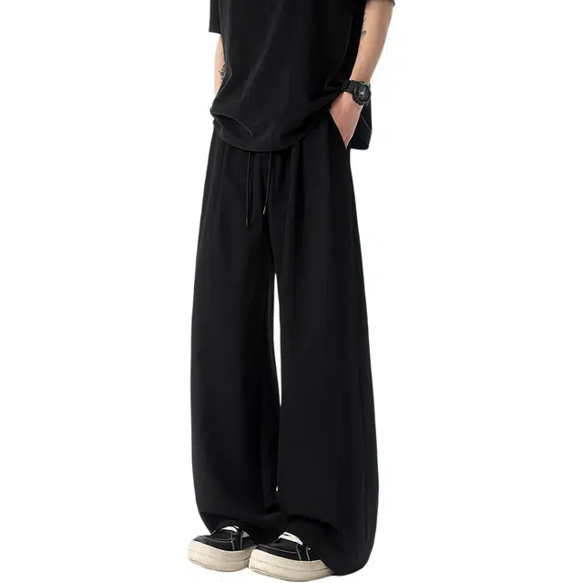 顶峰保罗 美式纯色日常透气高街微弹中腰裤百搭直筒垂感拖地长裤时尚潮流设计抽绳休闲裤 男女同款